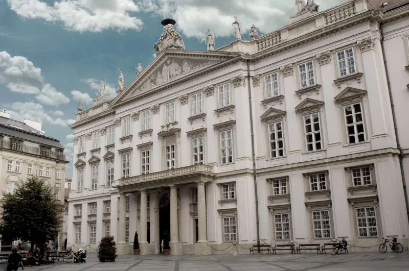 The Primate's Palace in Bratislava, a pink neoclassical palace on Primacialne namestie.