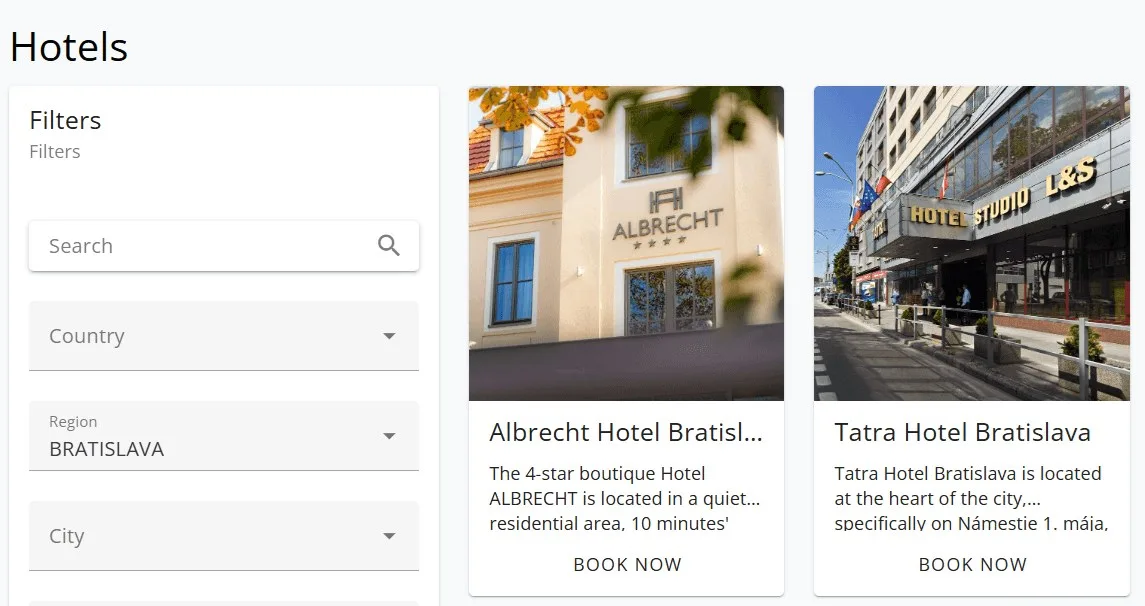 Das B2B-Buchungsportal von e-travel: durchsuchbares Hotelangebot in Bratislava, direkt buchbar.