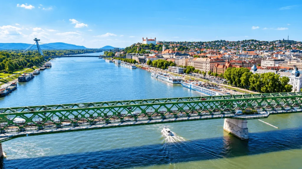 The Danube at Bratislava, with the old bridge, river cruise boats along the embankment and the castle above the old town.