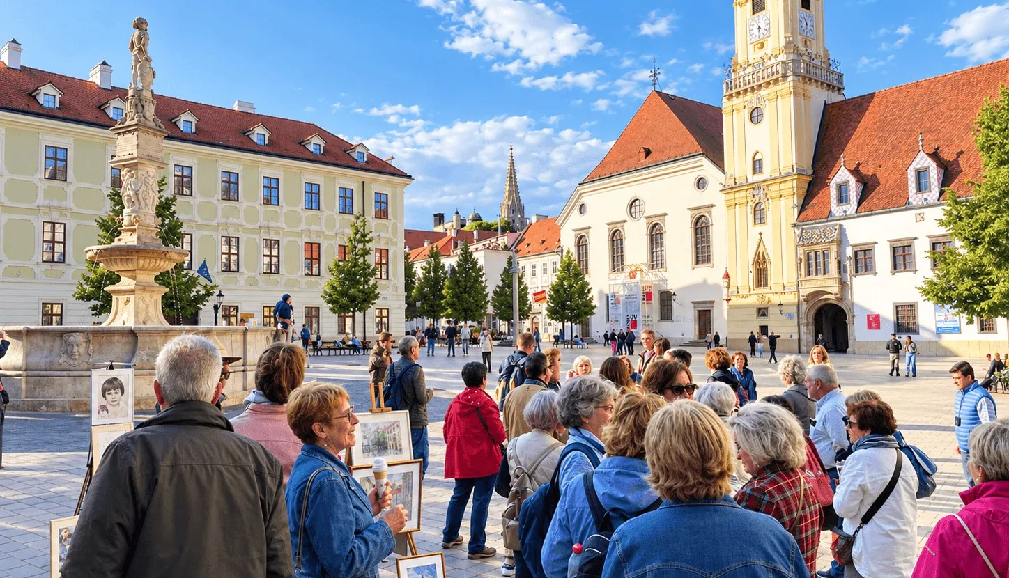 Eine Reisegruppe auf dem Hauptplatz von Bratislava neben dem Maximilianbrunnen, mit dem Turm des Alten Rathauses dahinter.