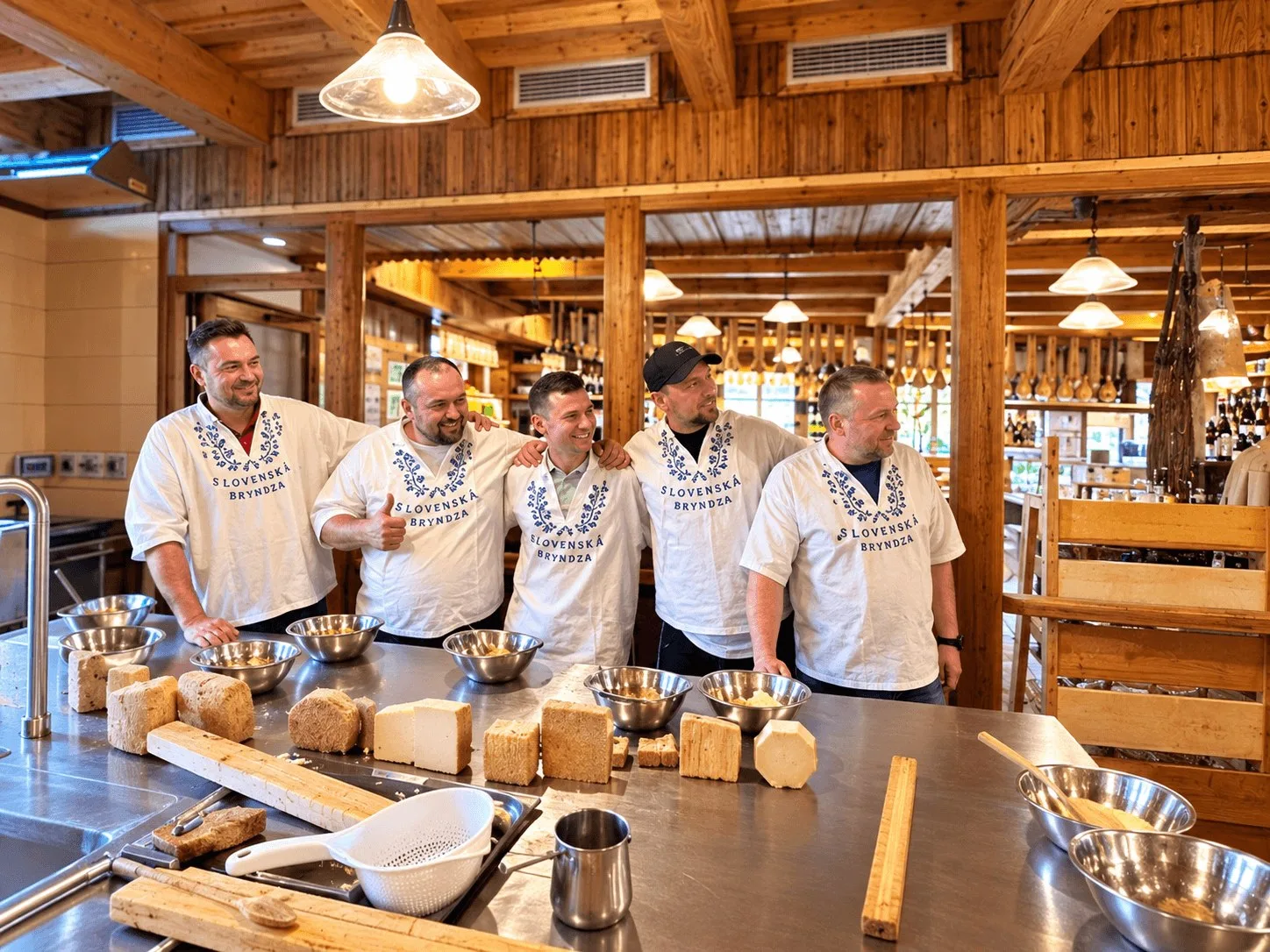 A group in embroidered Slovenská bryndza shirts at a sheep cheese making workshop in Slovakia, with blocks of fresh cheese and mixing bowls on the counter in front of them.