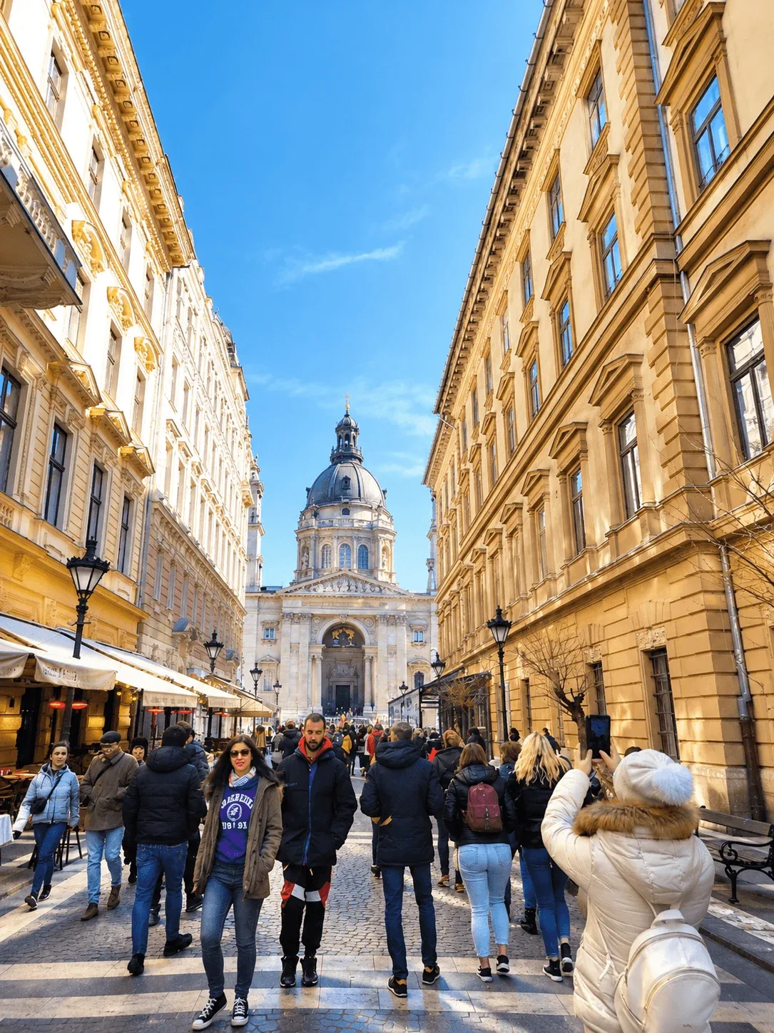 St Stephen's Basilica in Budapest at the end of a pedestrian street lined with cafe terraces, its dome rising above the people walking towards it.