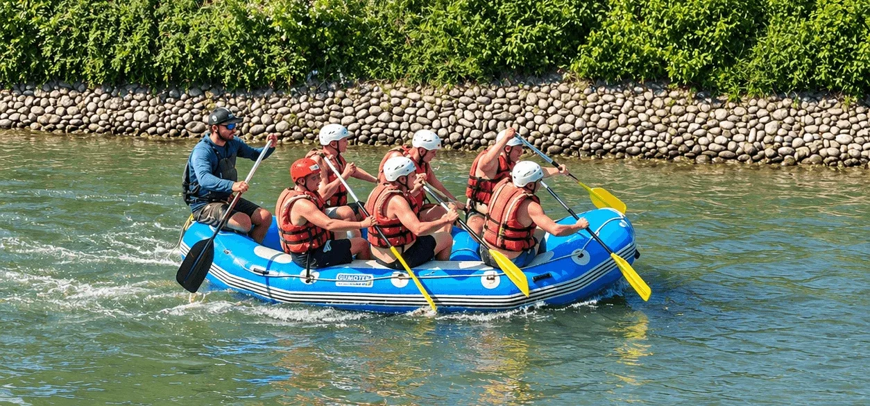 A group rafting with an instructor on the whitewater course at the Čunovo Water Sports Centre near Bratislava.