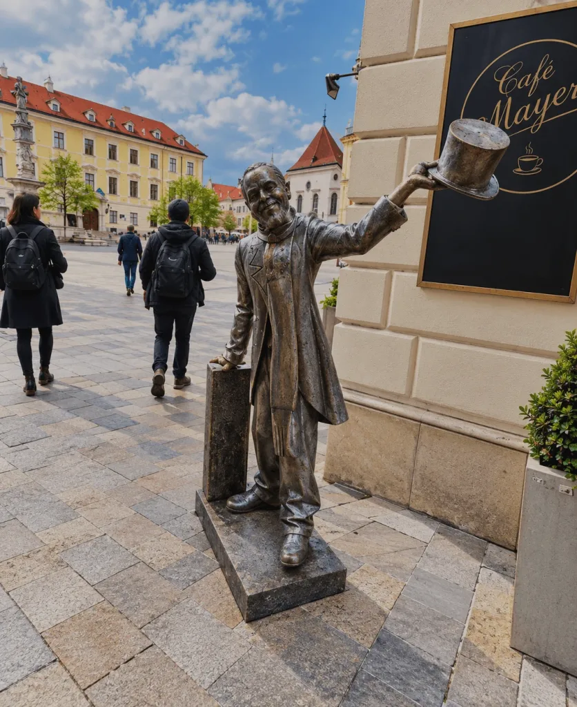 Die Bronzestatue des Schöne Náci, der vor dem Café Mayer auf dem Hauptplatz von Bratislava seinen Zylinder lüftet.