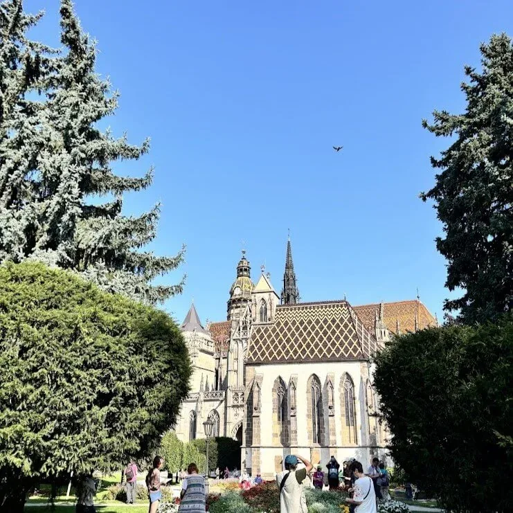 A gothic cathedral with a steep tiled roof seen across a green park.