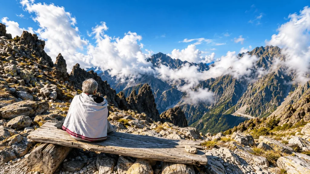 A walker wrapped in a blanket on a bench at Lomnicke sedlo, looking out over the peaks of the High Tatras in Slovakia.