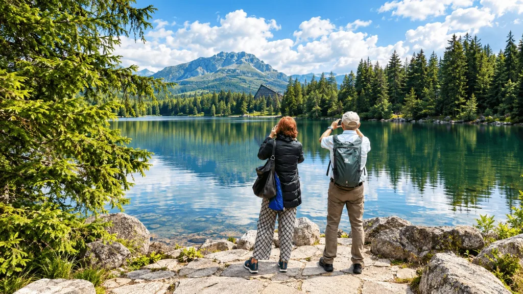 Two visitors photographing Štrbské Pleso lake and the peaks of the High Tatras in Slovakia.