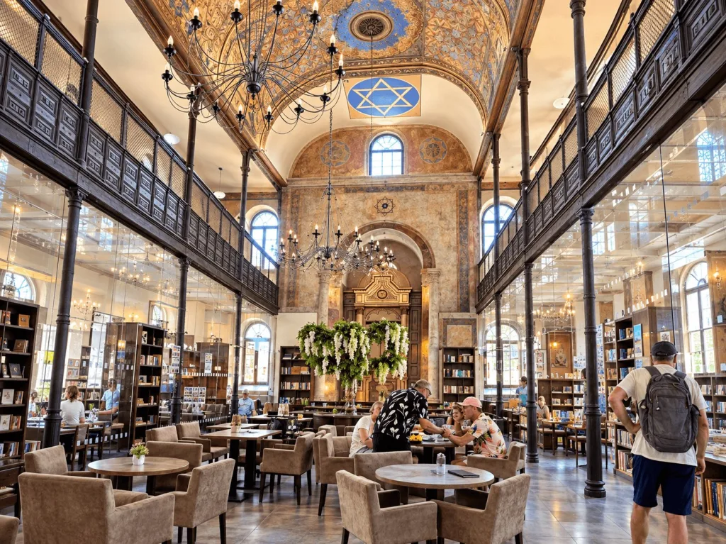 The former synagogue in Trnava, restored as a cafe and bookshop, with painted vaulting, iron galleries and a Star of David window.