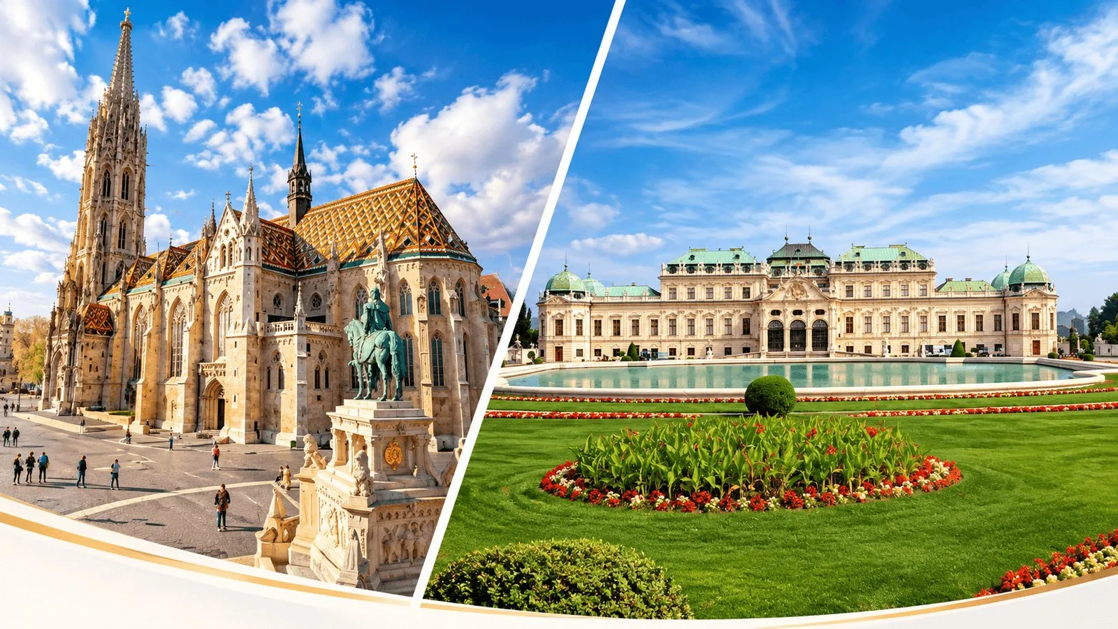 Matthias Church in Budapest beside the Belvedere palace and gardens in Vienna.