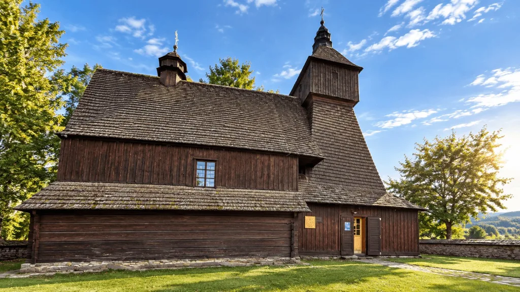 The wooden church at Hronsek in Slovakia, with its shingled roof and timber bell tower.