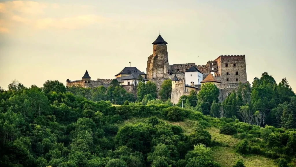 Stará Ľubovňa Castle, its stone towers, battlements and white walls standing on a wooded hill in the evening light.