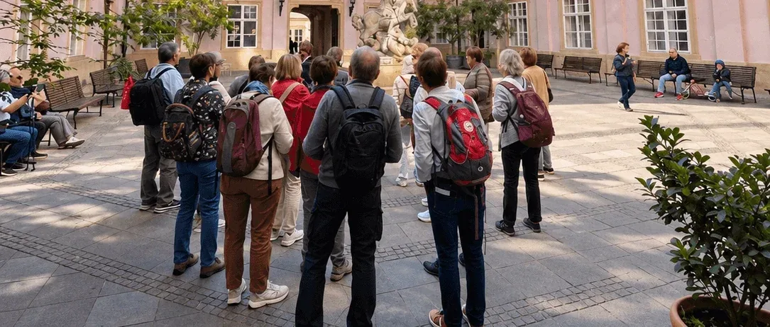 A tour group with their guide in the courtyard of the Primatial Palace in Bratislava, gathered in front of the St George and the Dragon fountain.