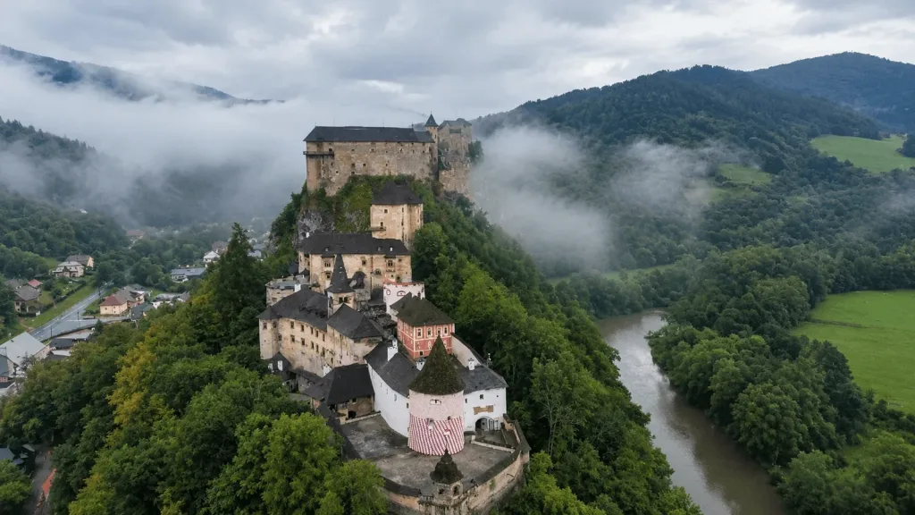 Orava Castle from the air, its towers stacked up the rock above the Orava river with mist lying along the wooded valley.