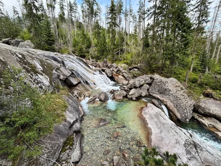 A mountain stream falling over granite slabs into a clear green pool in the Tatra forest.